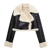 Schwarze Damenjacke aus echtem Schaffell mit Sherpa-Futter